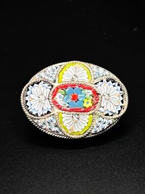 Small Vintage Micro Mosaic Brooch In Blue, Red, and Yellow-Green